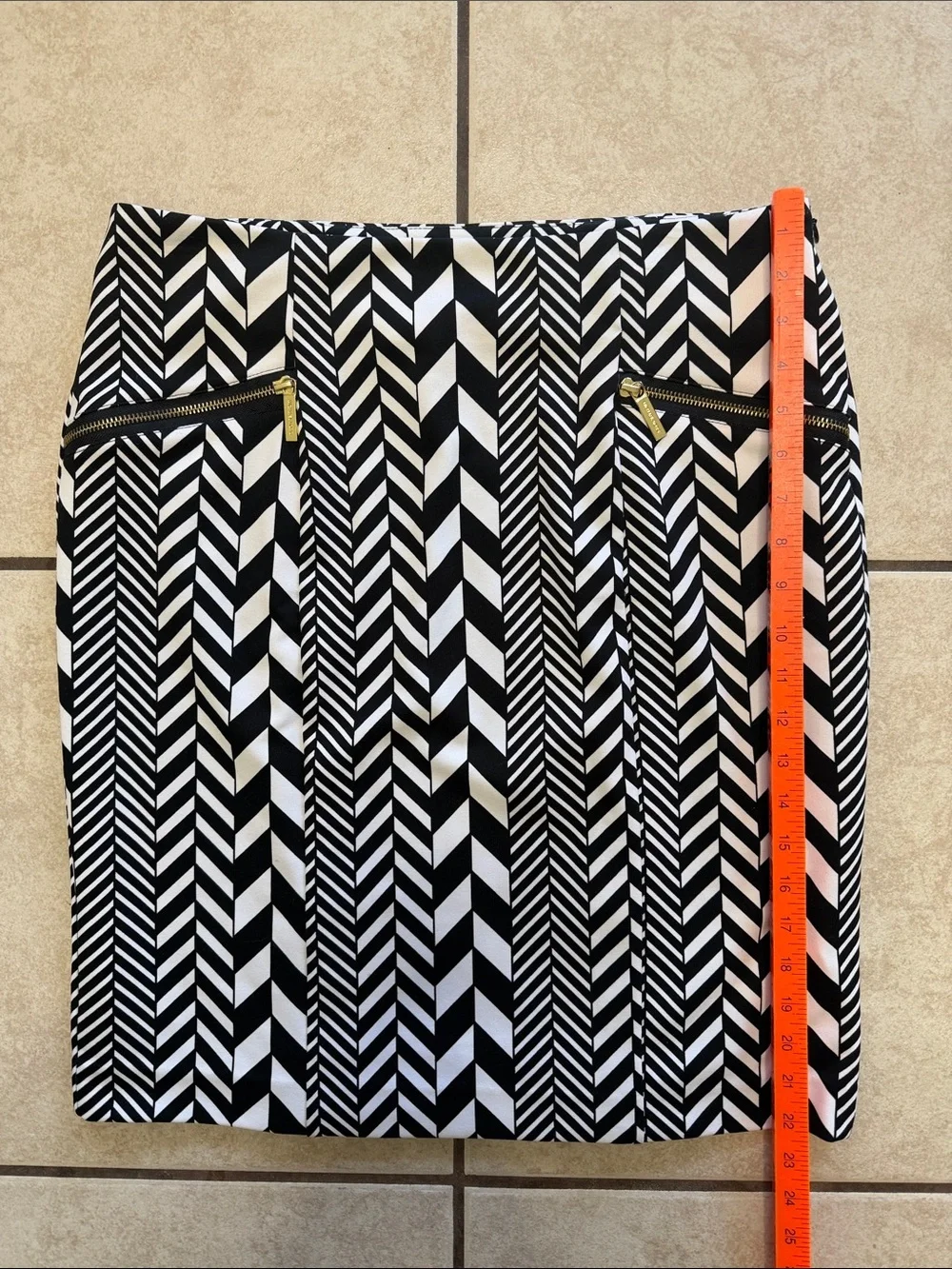 Michael Kors Black & White Chevron Pencil Skirt with Gold Zippers
